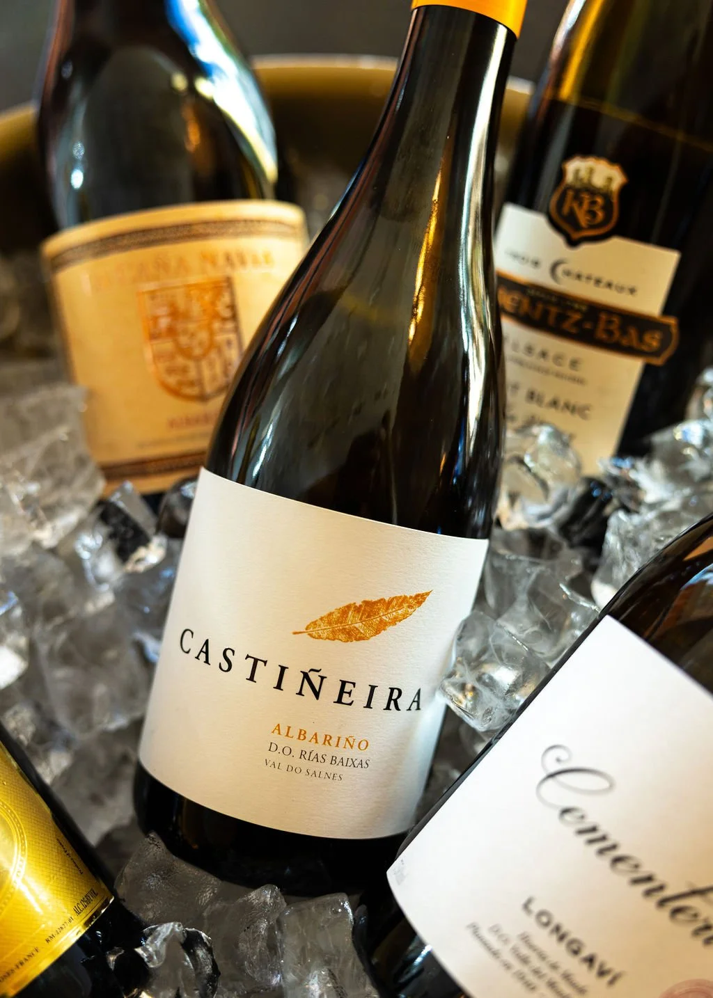 Bottle of Castiñeira Albarino white wine on ice with other wine bottles in the background.