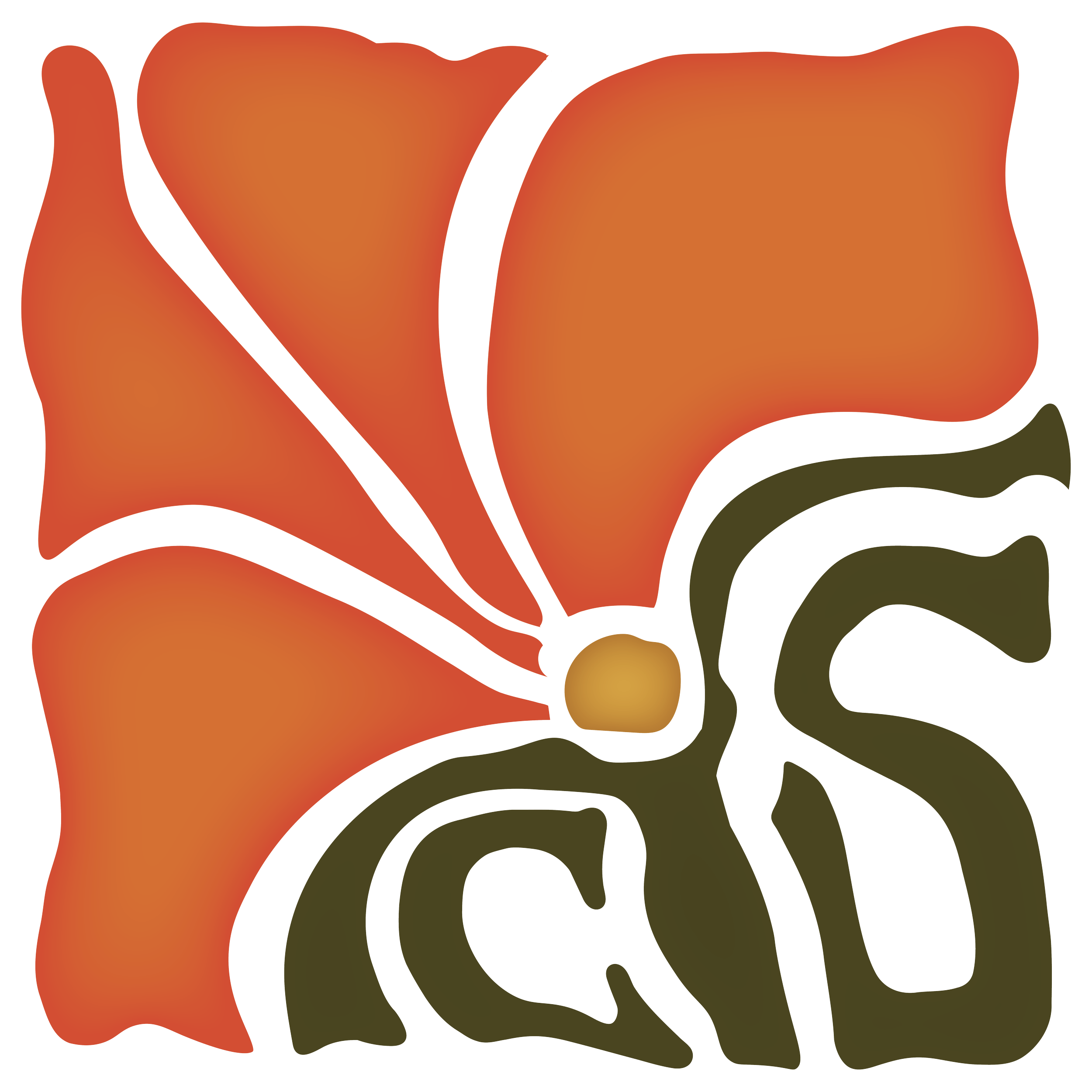 Abstract stylized orange-red flower with curved petals and white outlines.