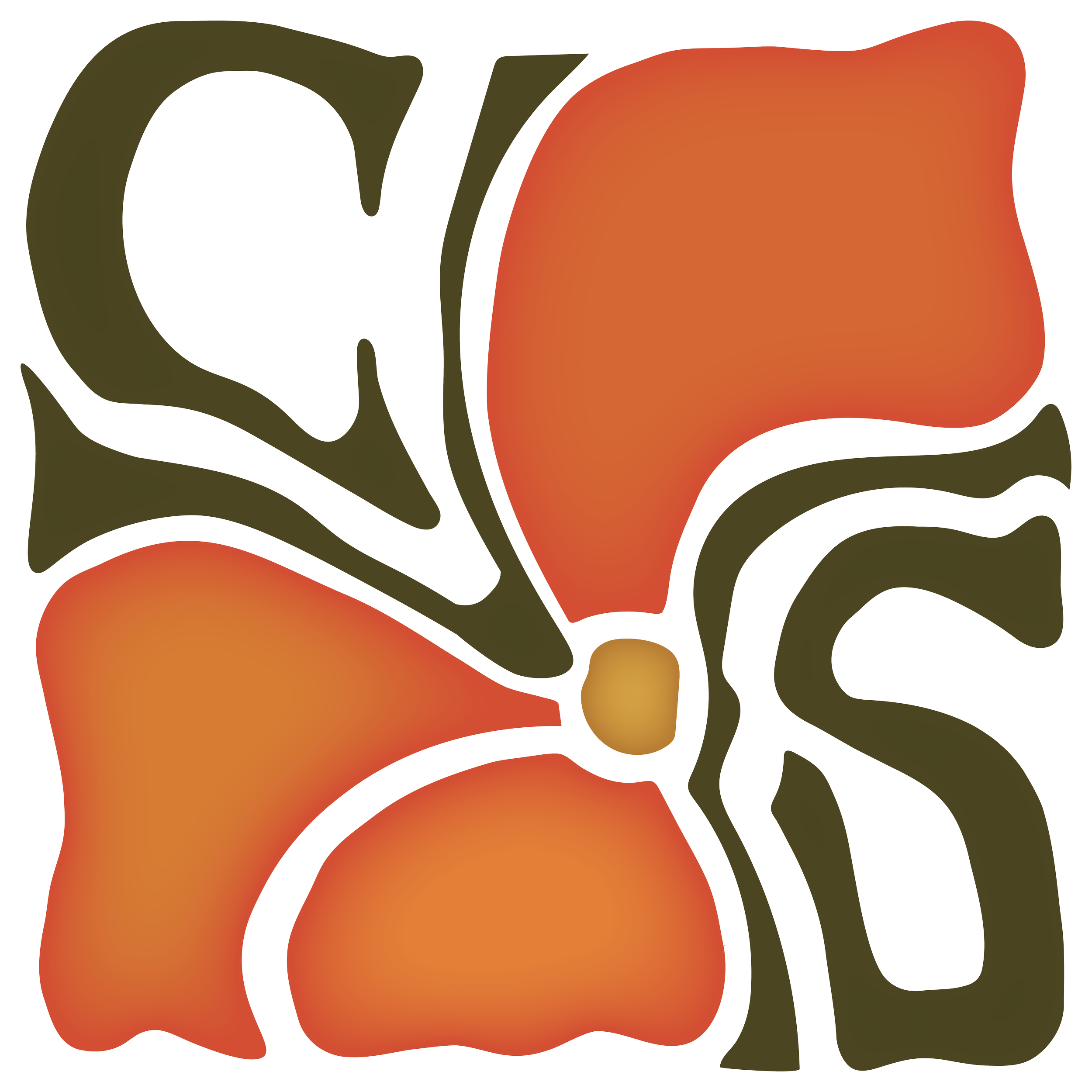 Stylized abstract logo with green and orange shapes and lines.