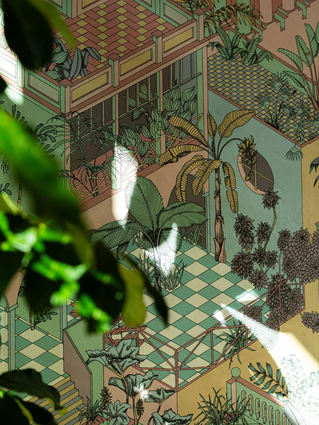 Illustrated garden scene with plants, trees, a balcony, and tiled walkways with light reflections.