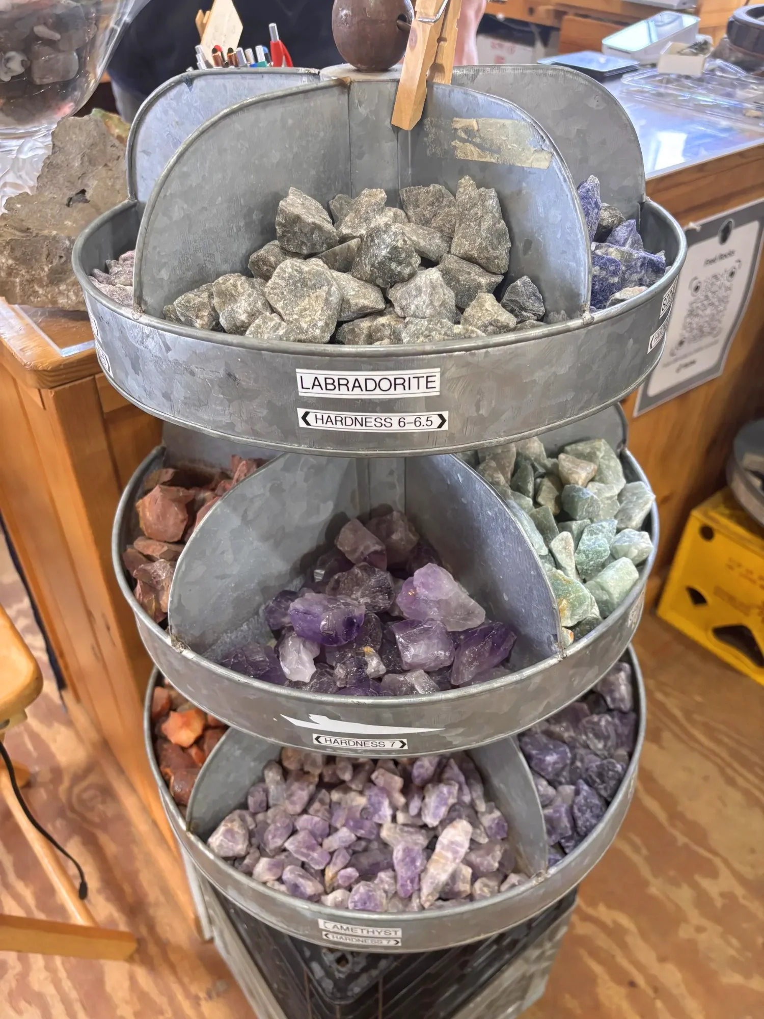 display-rough-labradorite-amethyst-tiered-bucket-display-freds-rock-shop-putney-vt.webp
