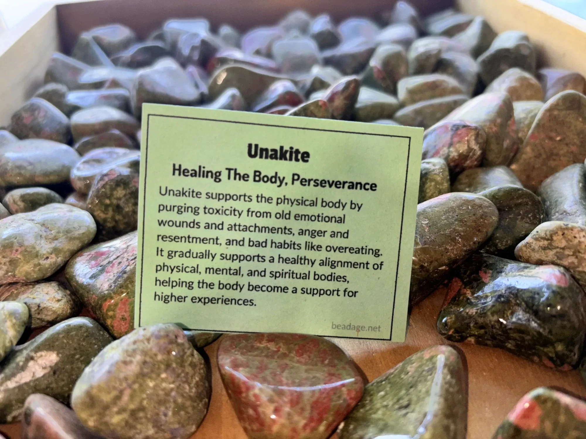 unakite-tumbled-stones-healing-perseverance-close-up-freds-rock-shop-putney-vt.webp
