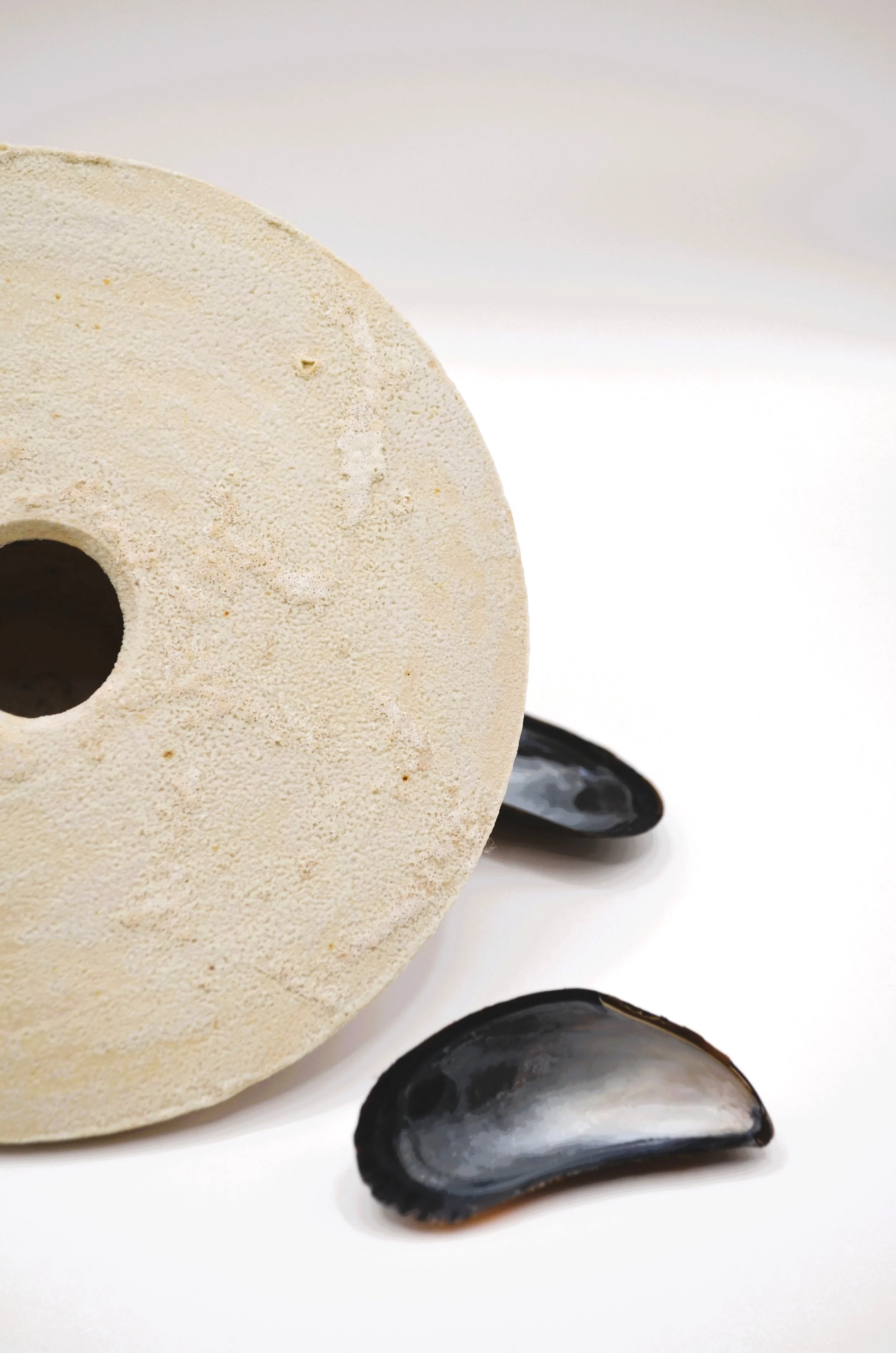 L’Écueil WM#1 - Discarded Mussel Shells Ash Glaze on White Stoneware. 75% Circular Glaze