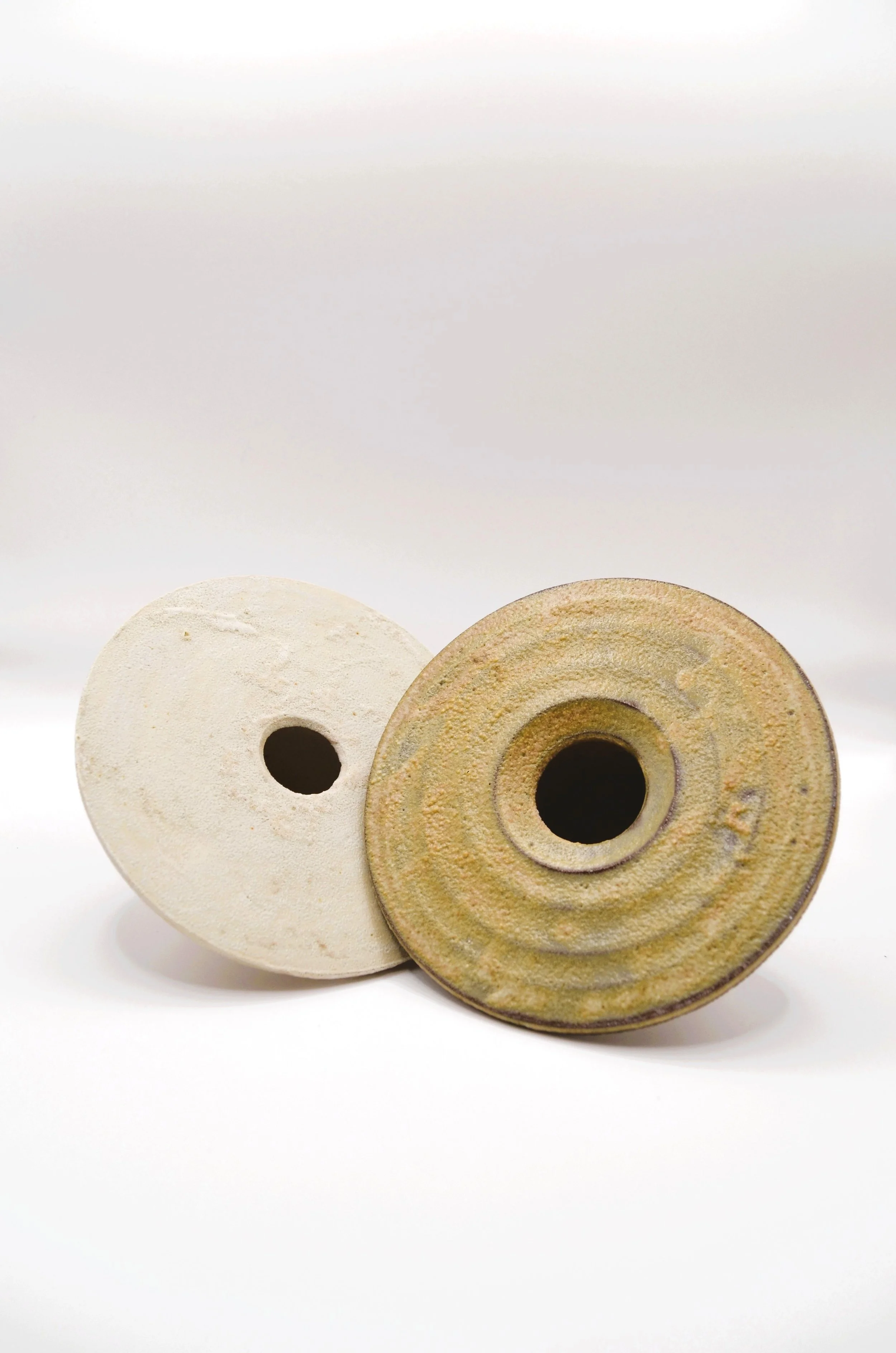 L’Écueil WM#1 & RM#1 - Discarded Mussel Shells Ash Glaze on White & Red Stoneware. 75% Circular Glaze