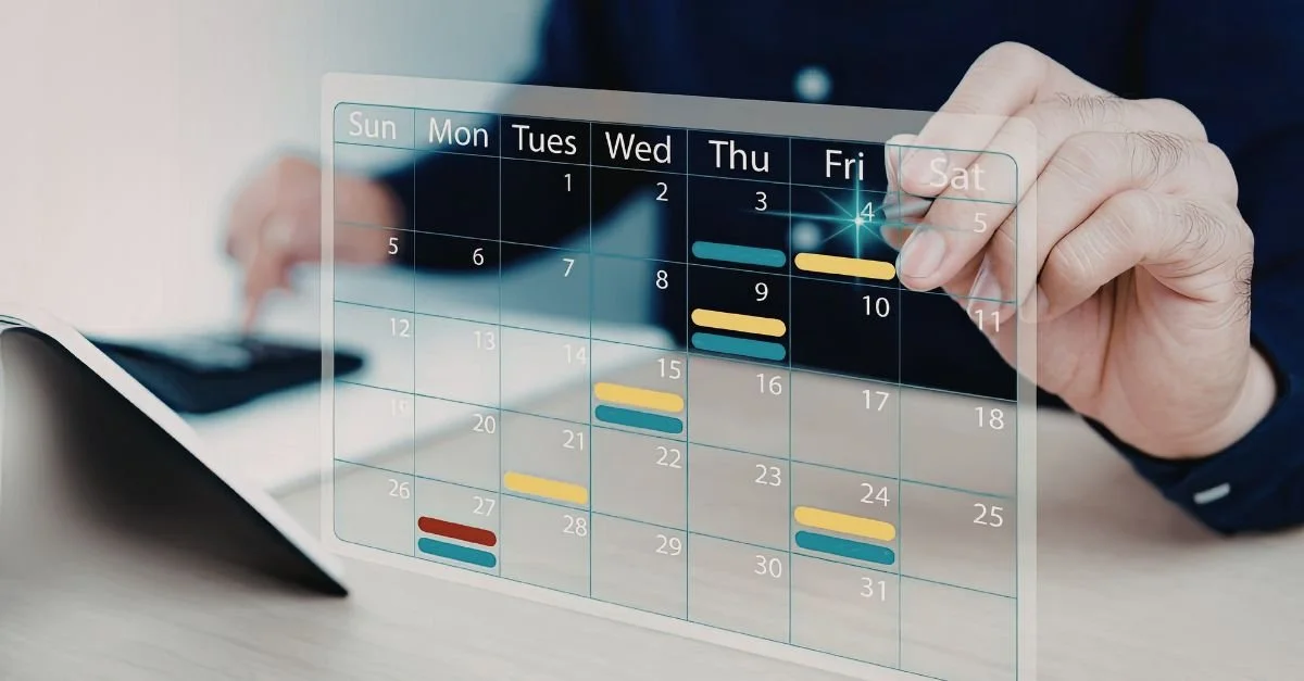 A person holding a transparent digital calendar with marked dates, overlaid on a blurred background.