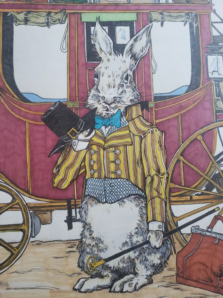 Drawing of a rabbit dressed as a gentleman, sitting in front of a vintage carriage, wearing a striped jacket, bow tie, and holding a walking cane and top hat.