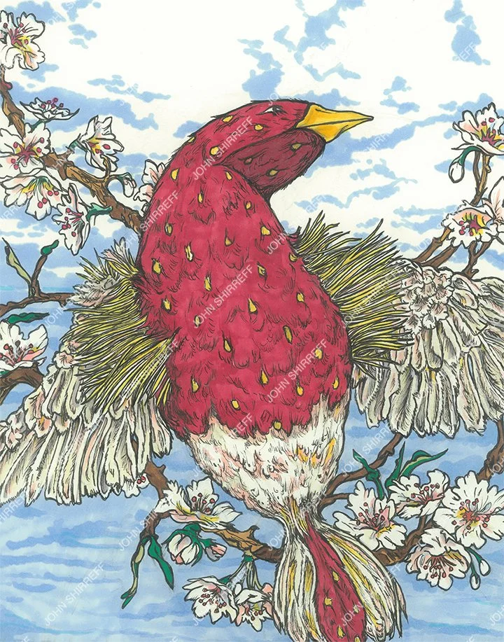 A colorful illustration of a bird with red and yellow feathers perched on a branch with white flowers and blooming blossoms, set against a background of a partly cloudy sky.