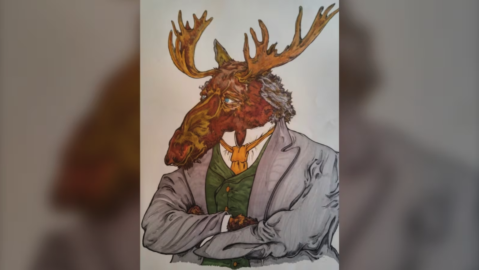 Illustration of a person with a moose head in place of their own head, dressed in a green vest, yellow tie, and light gray jacket with crossed arms.