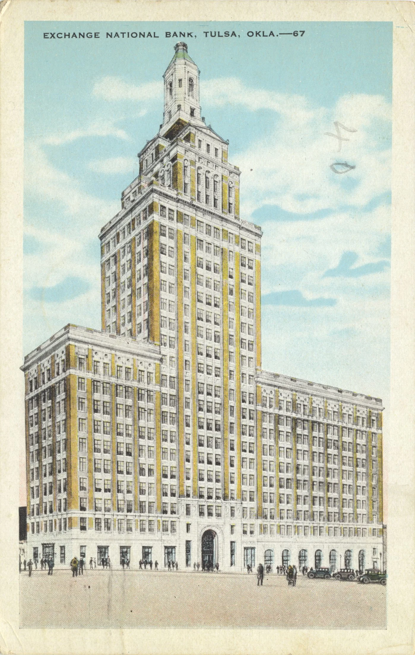 Illustration of the Exchange National Bank building in Tulsa, Oklahoma, with people and cars in front.