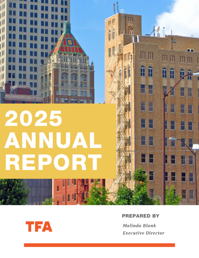 Cover page of a 2025 annual report featuring a cityscape with tall buildings and a colorful, ornate rooftop, with prominent text indicating '2025 Annual Report', prepared by TFA and Malinda Blank.