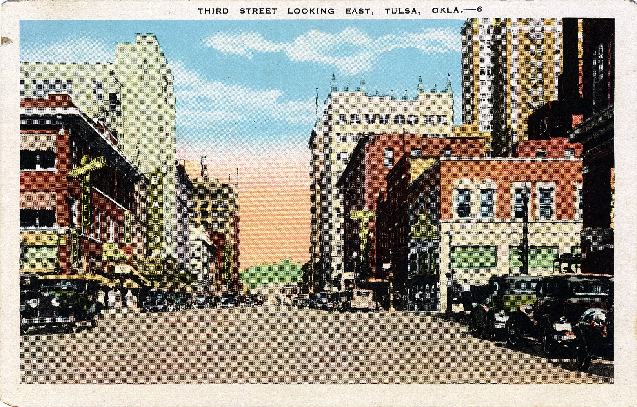 A vintage colored photograph of Third Street in Tulsa, Oklahoma, showing a busy downtown with old cars parked along the street, and storefronts and buildings lining both sides. The sky is partly cloudy with a hint of sunset colors.