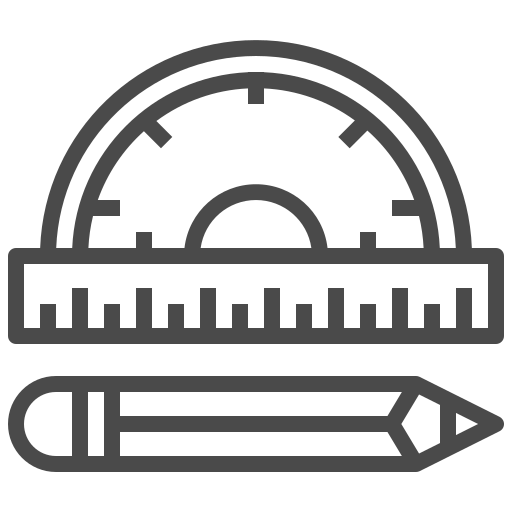 Line drawing of a protractor and a pencil.