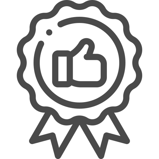 A badge with a thumbs-up icon inside and ribbons below, representing approval or quality assurance.