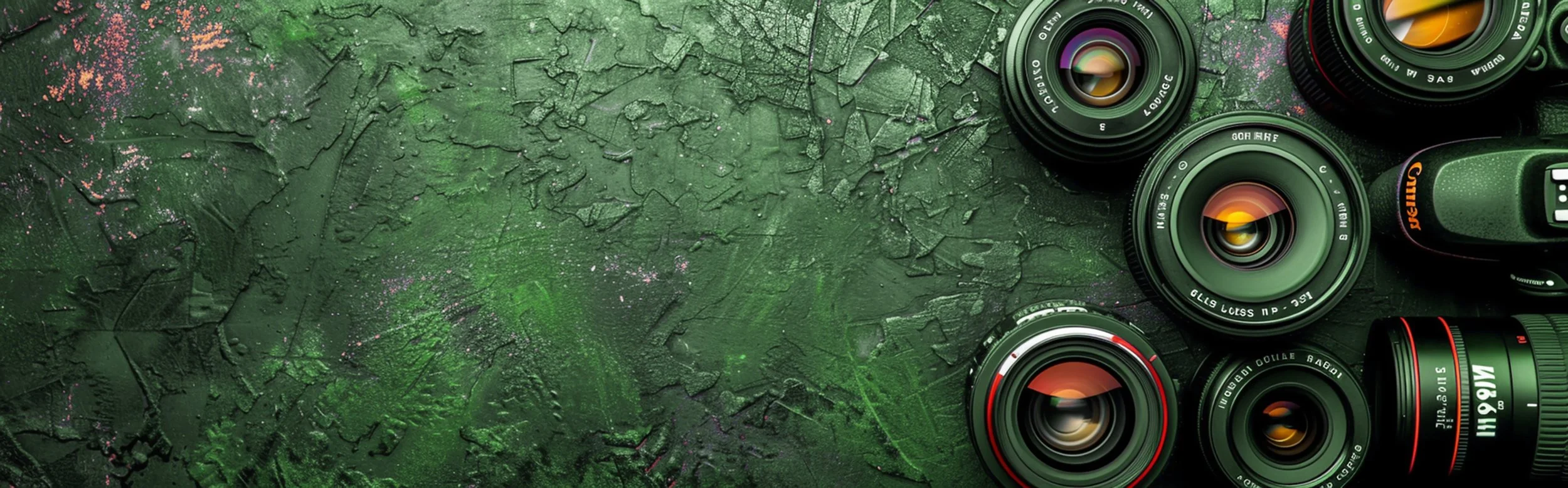 Photography equipment including multiple camera lenses and a camera on a textured green surface.