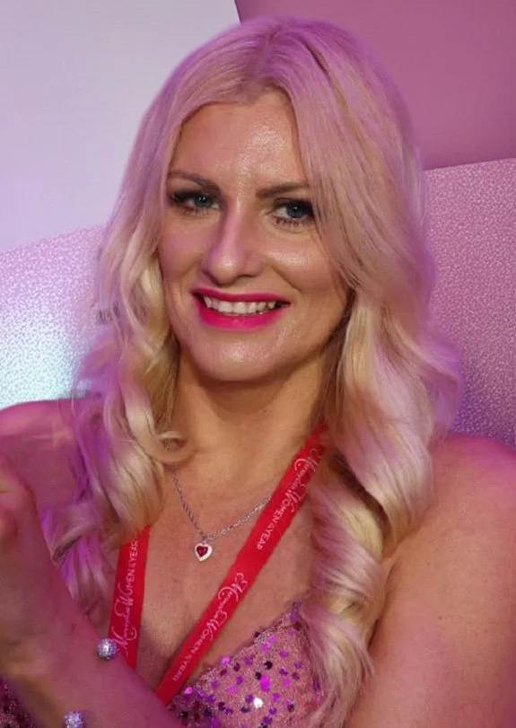 A woman with long, wavy blonde hair dyed with pink highlights, smiling, wearing pink lipstick, a sparkly pink top, and a red lanyard, sitting on a pink chair with a pink background.