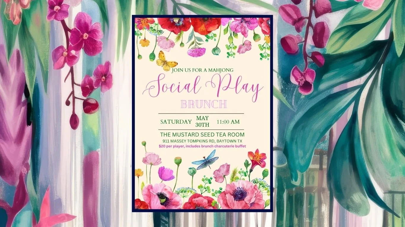 The Mustard Seed Brunch Mahjong Social Play Invitation featuring beautiful, colorful flowers and butterflies
