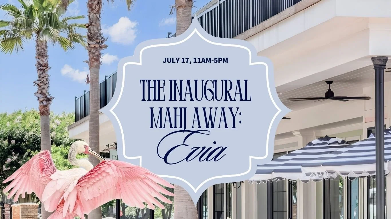 A picture of boutique shops on Galveston Island at Evia. Blue Stripped Umbrellas with Palm Trees