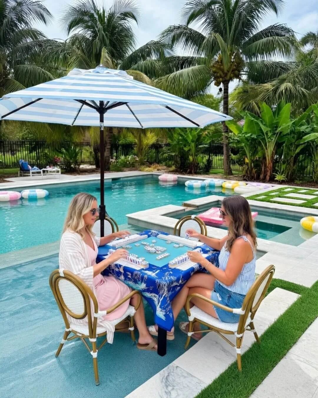 Two women playing mahjong at a table by a pool surrounded by palm trees and tropical plants.