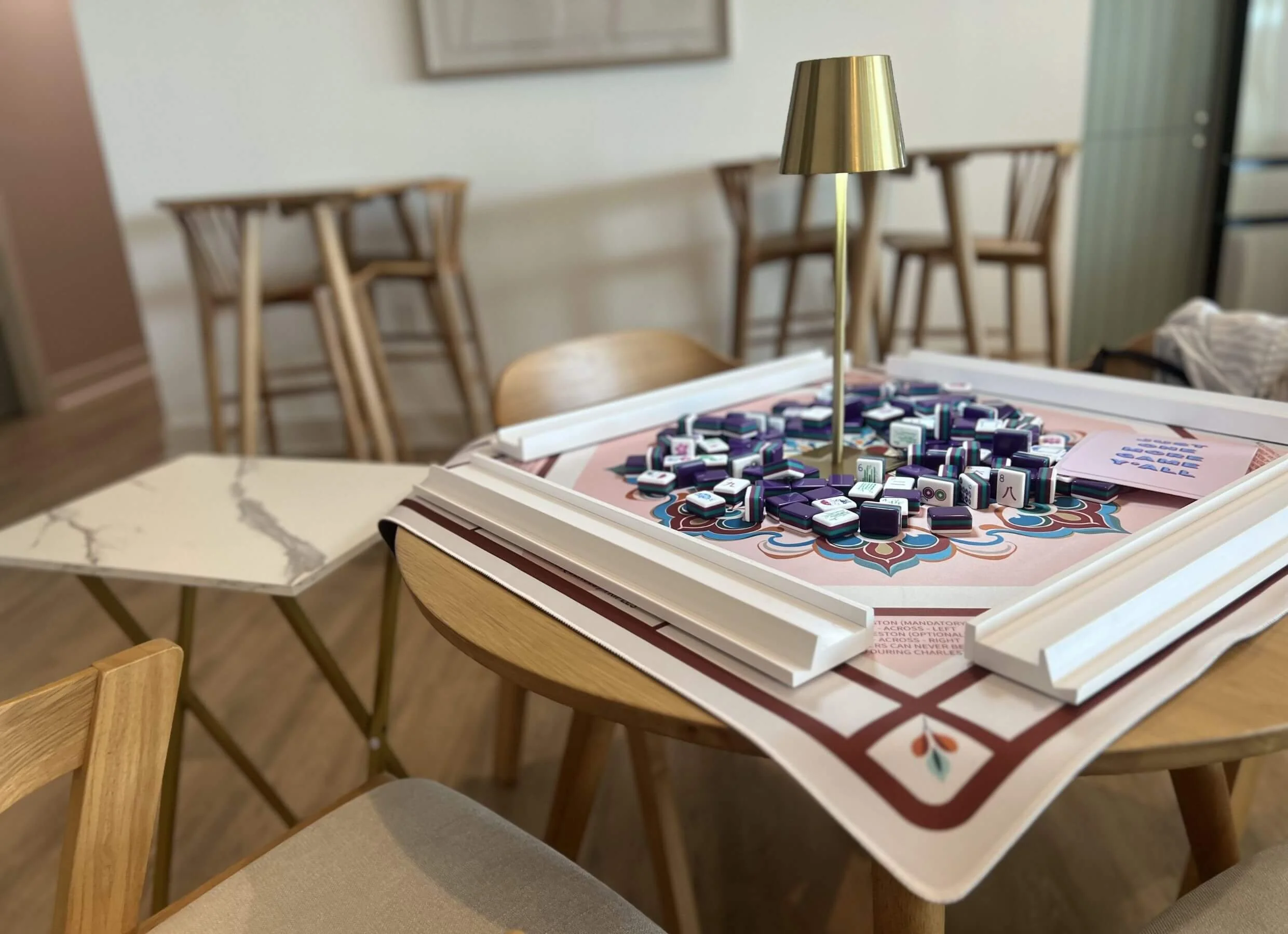 Purple, Red, Blue Mahjong table with purple and white tiles