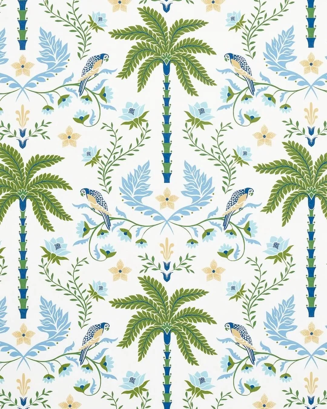 Tropical vintage pattern featuring palms, flowers, and birds