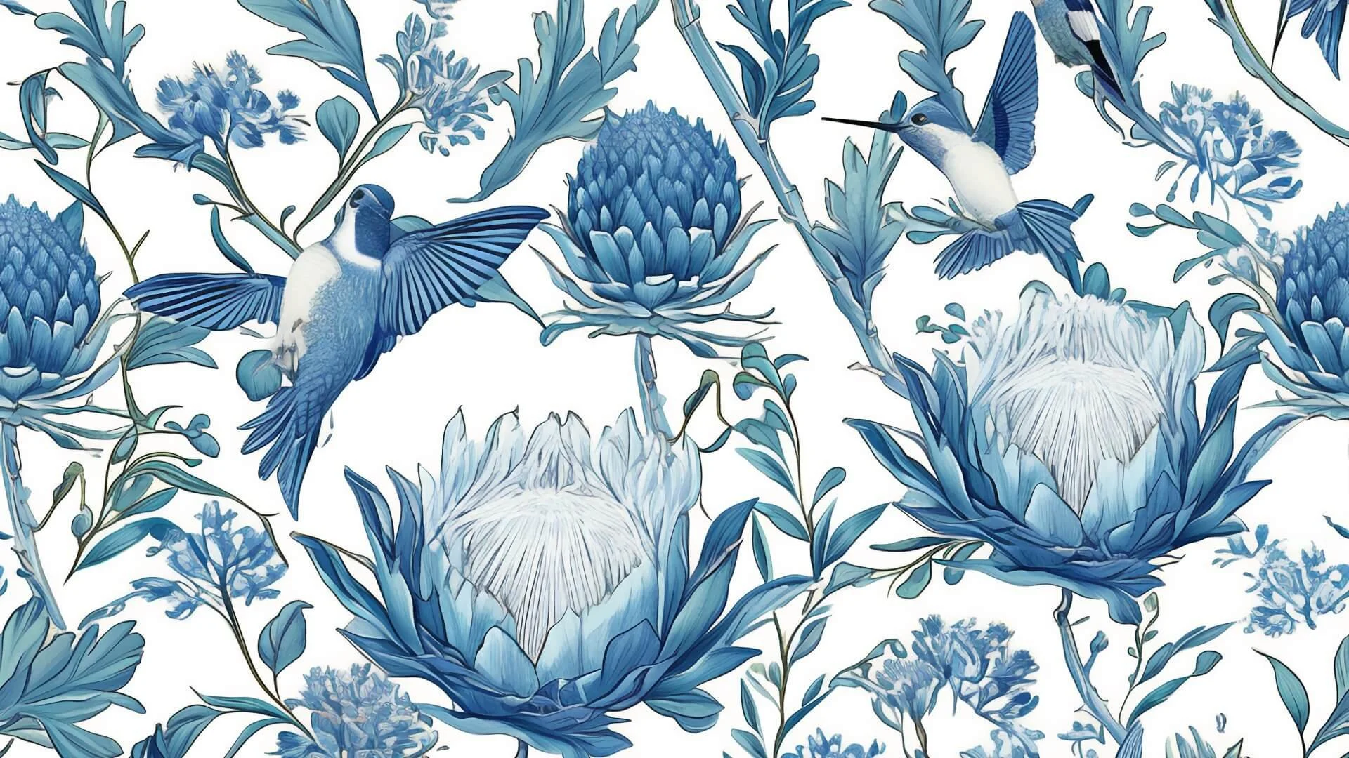 Pattern with blue flowers and hummingbirds on a white background.