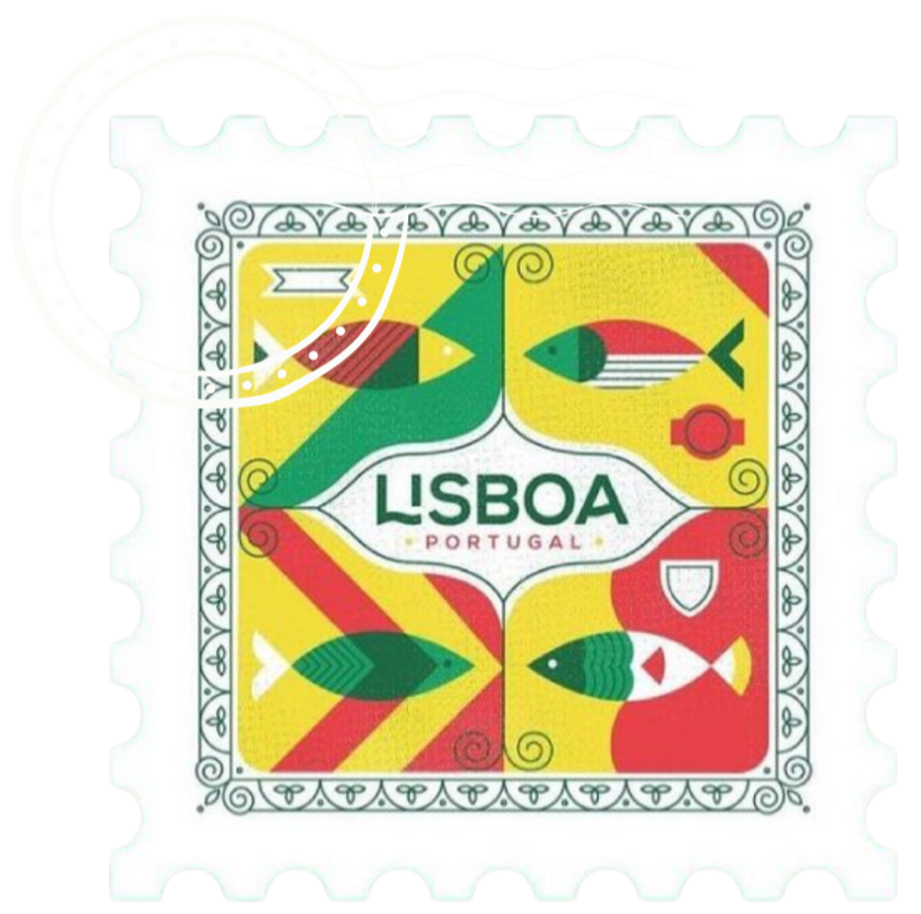 Selos de uma peça de correspondência postal com ilustrações de peixes e o texto "Lisboa Portugal" em destaque.