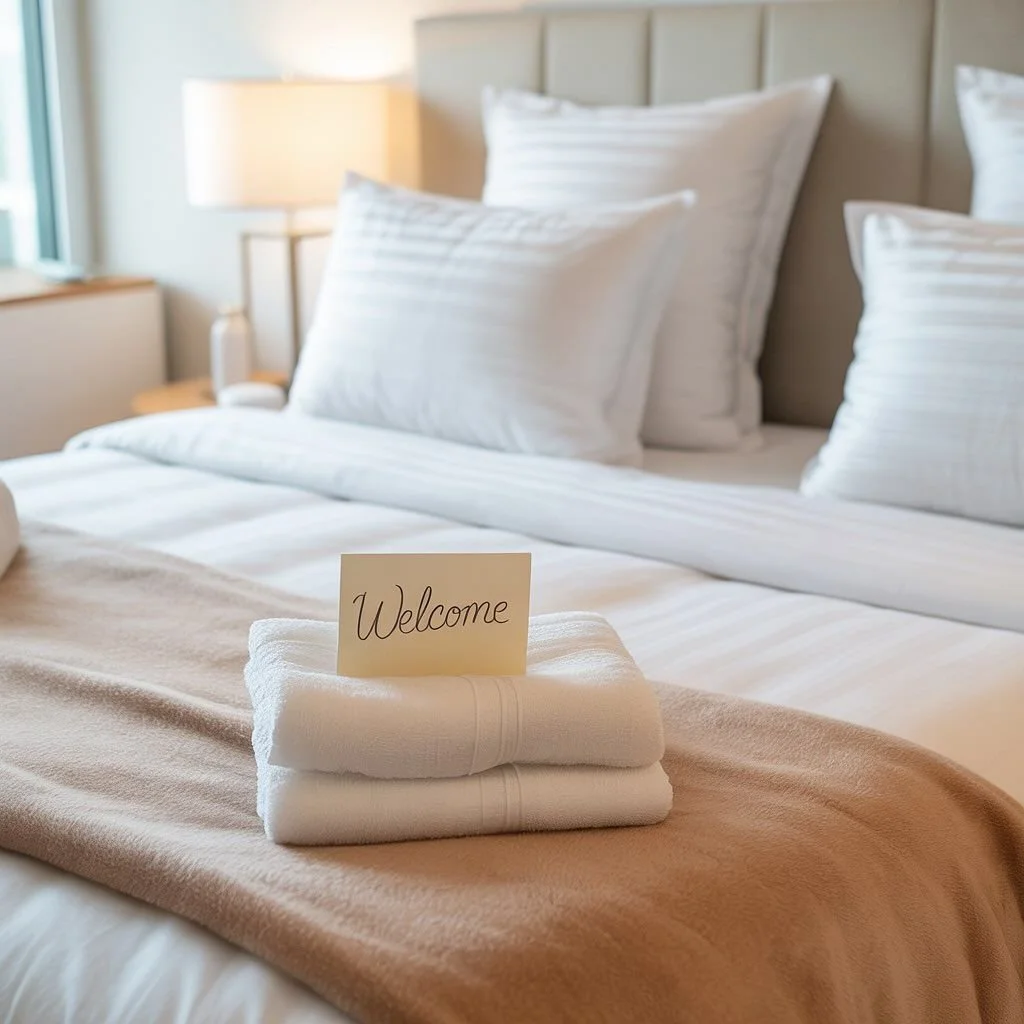 Cama feita com lençóis brancos, travesseiros e uma toalha branca dobrada com um cartão escrito "Welcome" sobre ela, em um quarto bem decorado com luminária ao lado da cama.
