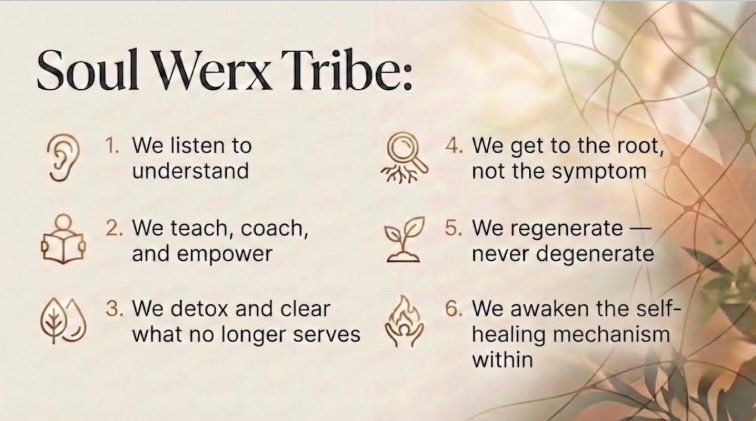A list titled "Soul Werx Tribe" with six points, each accompanied by an icon: 1. Listening to understand, with an ear icon. 2. Teaching, coaching, and empowering, with a person reading a book icon. 3. Detoxifying and clearing, with a droplet icon. 4. Getting to the root, not the symptom, with a root icon. 5. Regenerating and never degenerating, with a leaf icon. 6. Awakening the self-healing mechanism within, with a flame icon. The background features a soft pastel floral design.