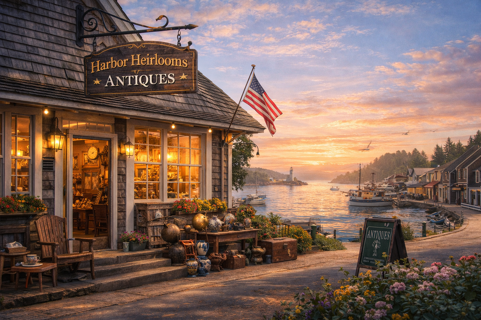 Sunset over a harbor with boats and a lighthouse in the distance. In the foreground, a wooden antique shop with a sign that reads "Harbor Heirlooms Antiques," decorated with outdoor furniture and vintage items. The shop has warm glowing lights, and an American flag is flying outside. Flowers bloom along the sidewalk.