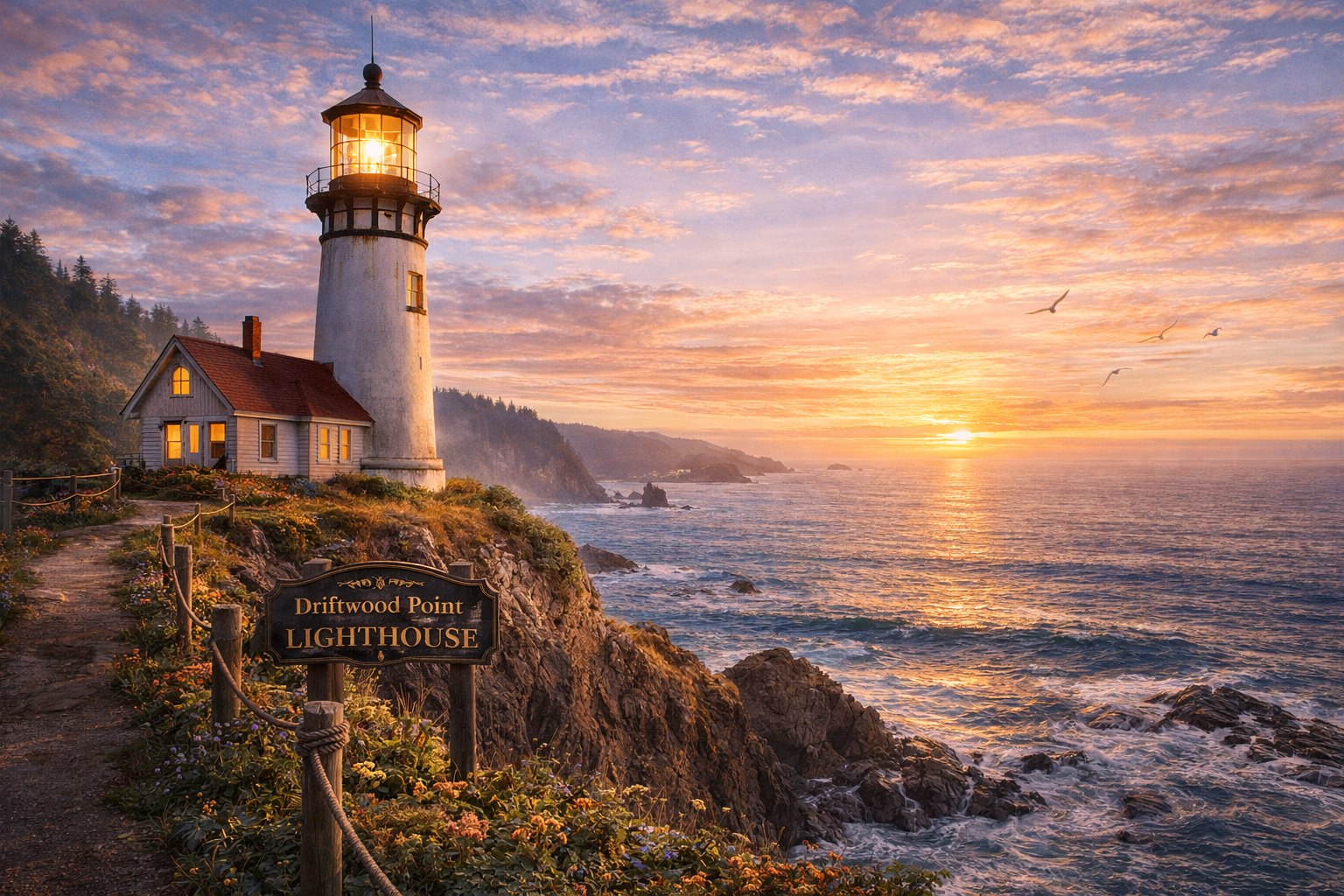A lighthouse on a rocky cliff overlooking the ocean during sunset. There is a pathway with flowers and a sign that reads "Driftwood Point Lighthouse." The sky has colorful clouds and seagulls flying nearby.