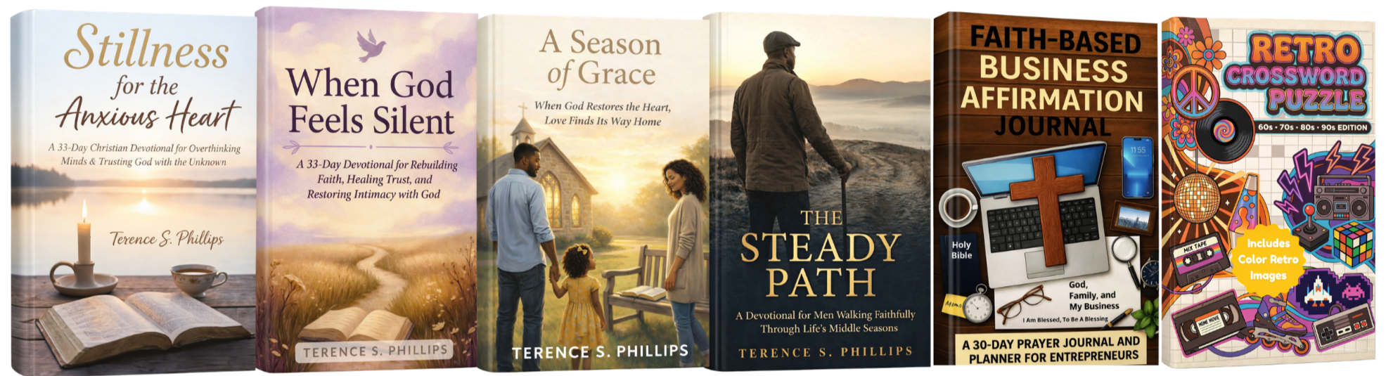 A row of six books with religious and self-help titles, including "Stillness for the Anxious Heart," "When God Feels Silent," "A Season of Grace," "The Steady Path," "Faith-Based Business Affirmation Journal," and a retro crossword puzzle book.