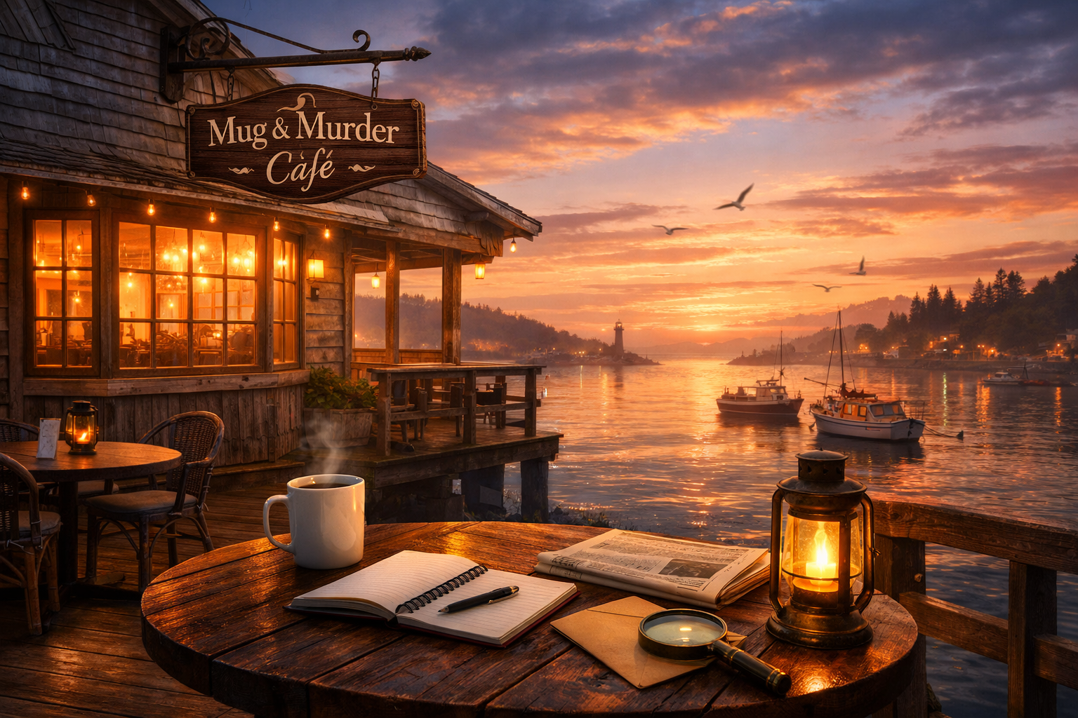 A lakeside cafe named Mug & Murder Café during sunset with warm lights, a wooden table with a coffee mug, open notebook with a pen, a newspaper, a lantern, and a magnifying glass. Boats are floating on the water, and seagulls are flying in the sky, with a lighthouse visible in the distance.