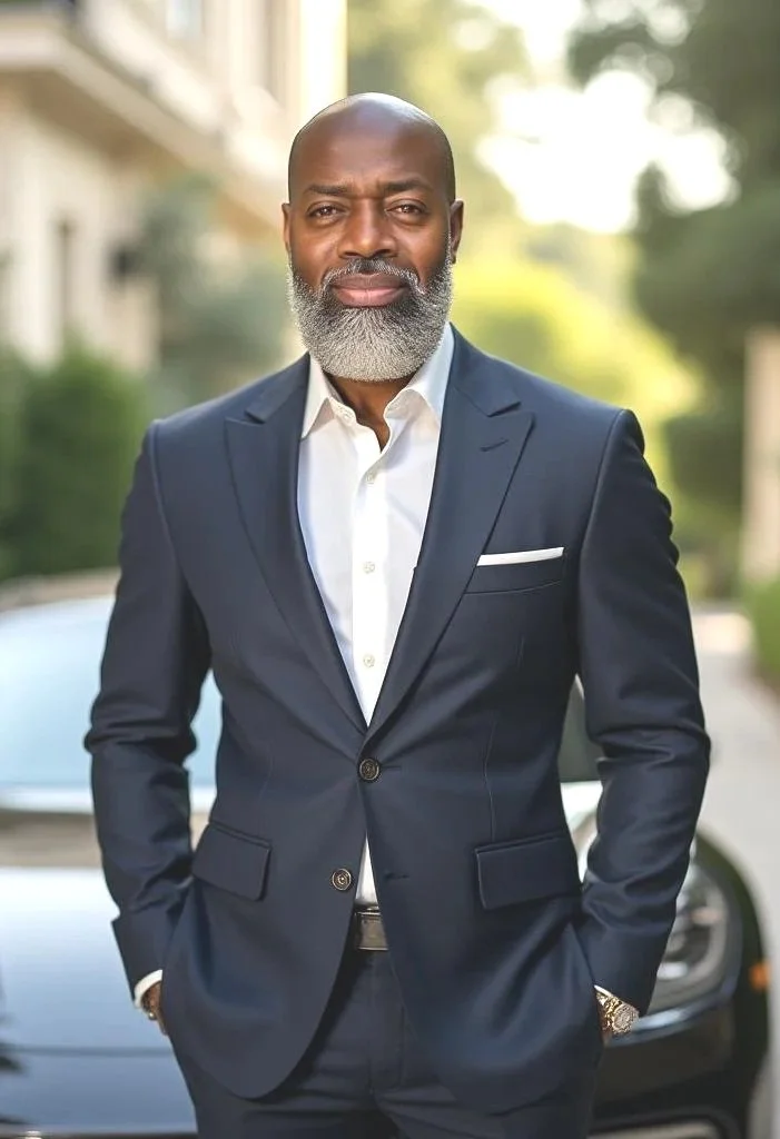 A confident middle-aged African American man with a gray beard, dressed in a dark suit and white shirt, standing outdoors with hands in pockets.