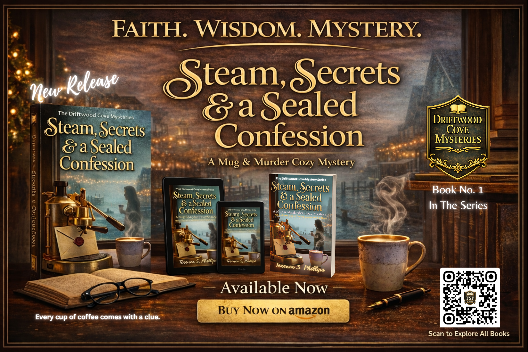 An advertisement for the book 'Steam, Secrets & a Sealed Confession' by Terence S. Phillips, featuring book cover images on print and e-book formats, a cup of coffee with steam, an open book, a pair of glasses, and a pen on a desk in front of a window with a city view at night. It highlights the book's release, availability on Amazon, and a QR code to explore all books.