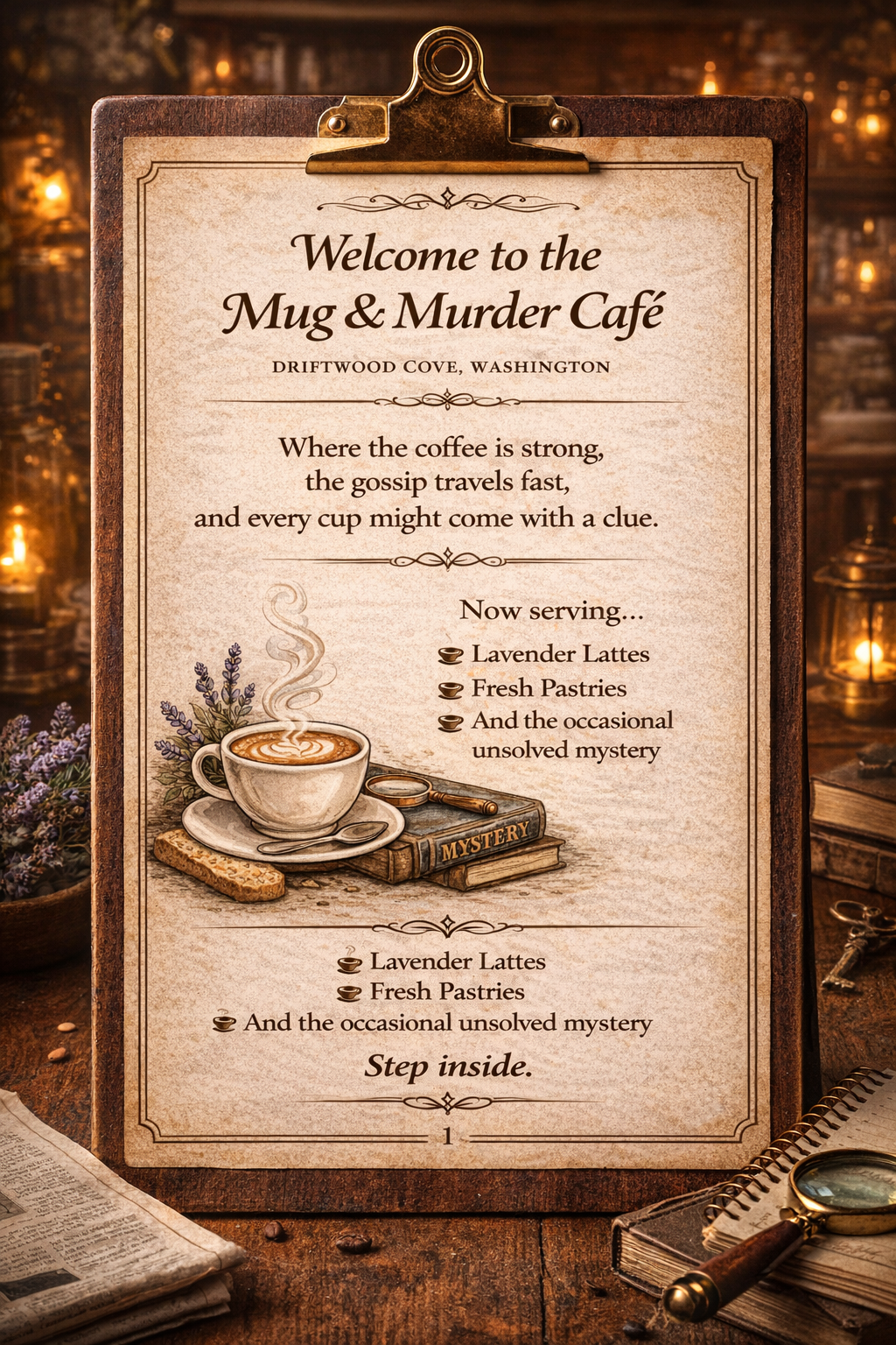 A menu board at the Mug & Murder Cafe in Driftwood Cove, Washington, featuring coffee and mystery-themed drinks and snacks, with an illustration of a steaming cup of coffee, a mystery book, and lavender flowers.