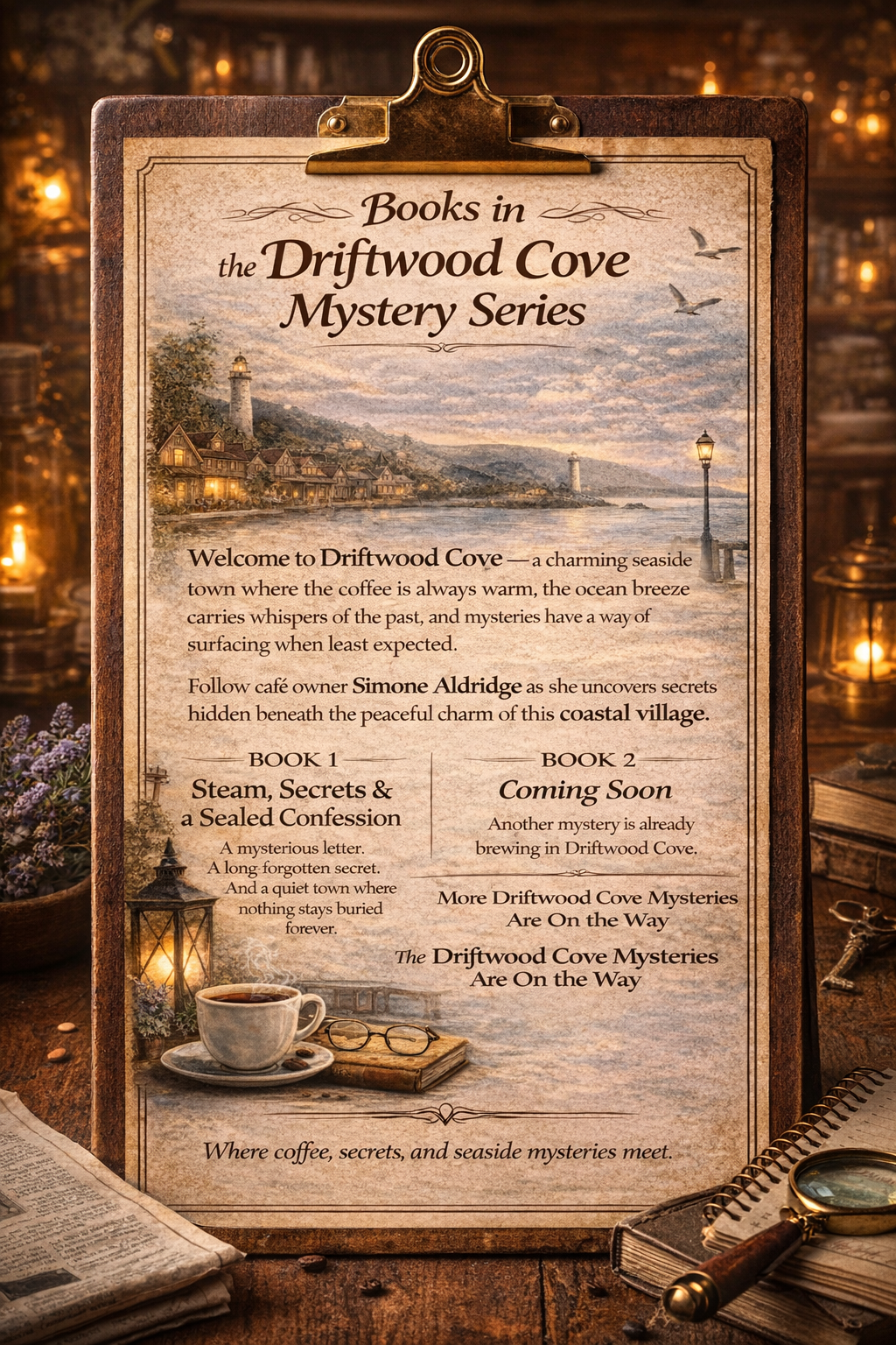 A promotional poster for the Drifwood Cove Mystery Series, featuring a seaside village scene with houses, a lighthouse, and a pier with a lamp post, along with text describing the series and its books, a cup of coffee, a pair of glasses, and a lantern.