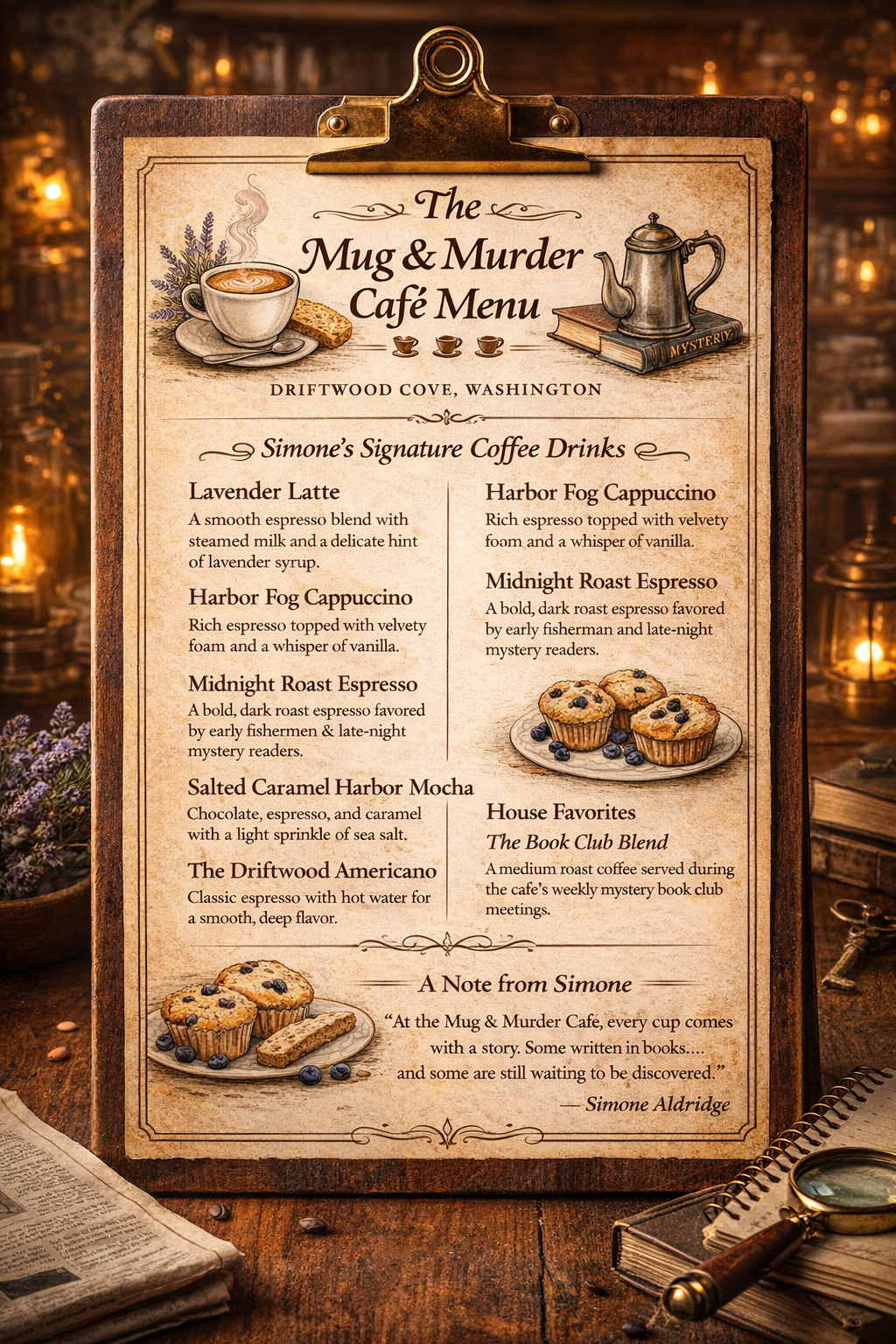 A cafe menu titled 'The Mug & Murder Cafe Menu' from Driftywood Cove, Washington, featuring specialty coffee drinks and house favorites, decorated with illustrations of coffee, a teapot, muffins, and a quote from Simone Aldridge.