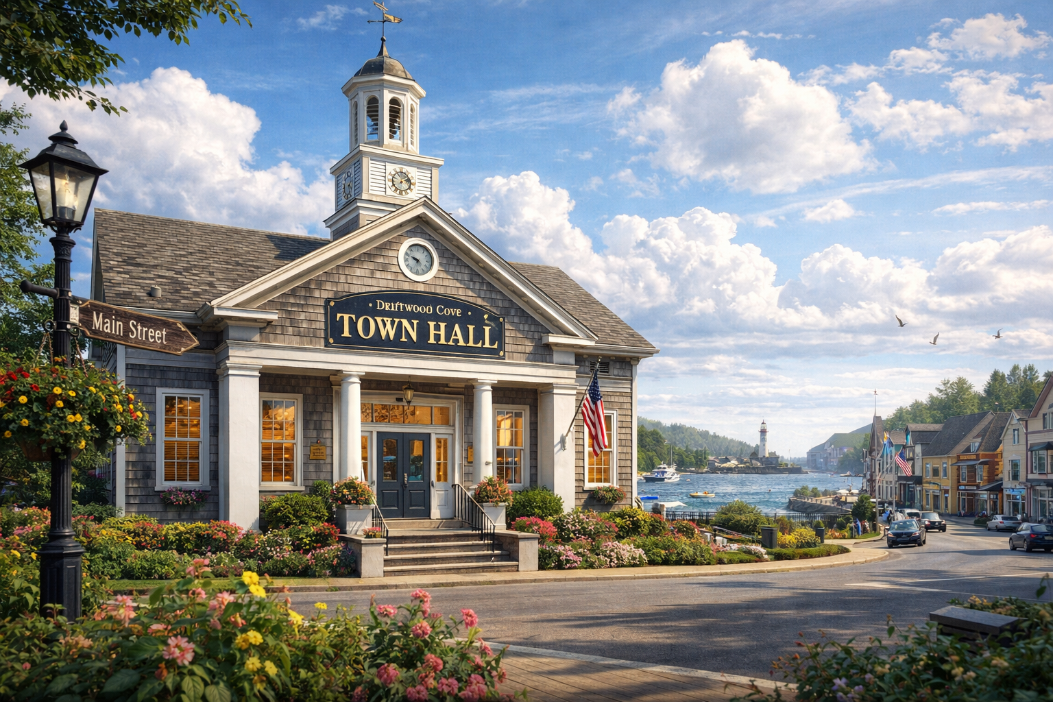 A town hall building with a clock tower, surrounded by colorful flowers, located by water with boats, a lighthouse, and a lighthouse in the background on a sunny day.