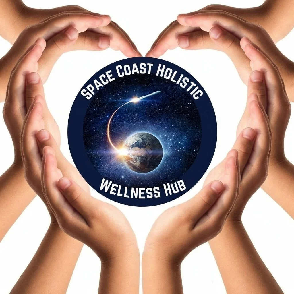 Six pairs of hands forming a heart shape around a circular logo with a space-themed design of Earth, a rocket, and stars, with the text "Space Coast Holistic Wellness Hub."