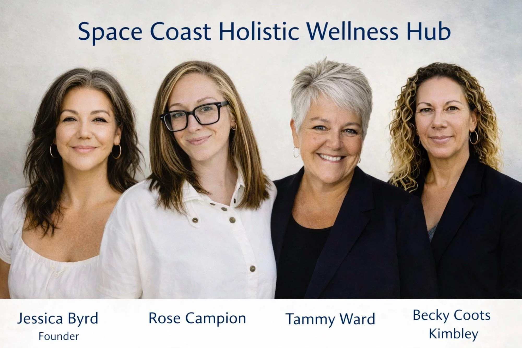 Group photo of four women standing together, smiling, with the title 'Space Coast Holistic Wellness Hub' at the top. Their names listed below: Jessica Byrd, Rose Campion, Tammy Ward, Becky Coots.