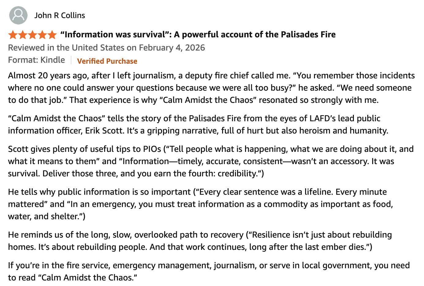 Screenshot of a book review about "Calm Amidst the Chaos" by John R Collins, discussing the Palisades Fire, emergency response, and the importance of accurate public information.