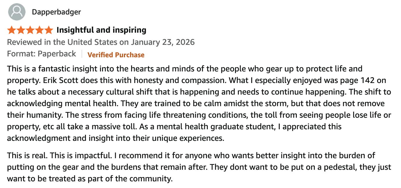 Screenshot of a book review for "Insightful and inspiring" by Dapperbadger, posted on January 23, 2026, praising Erik Scott's book about mental health and cultural shifts.