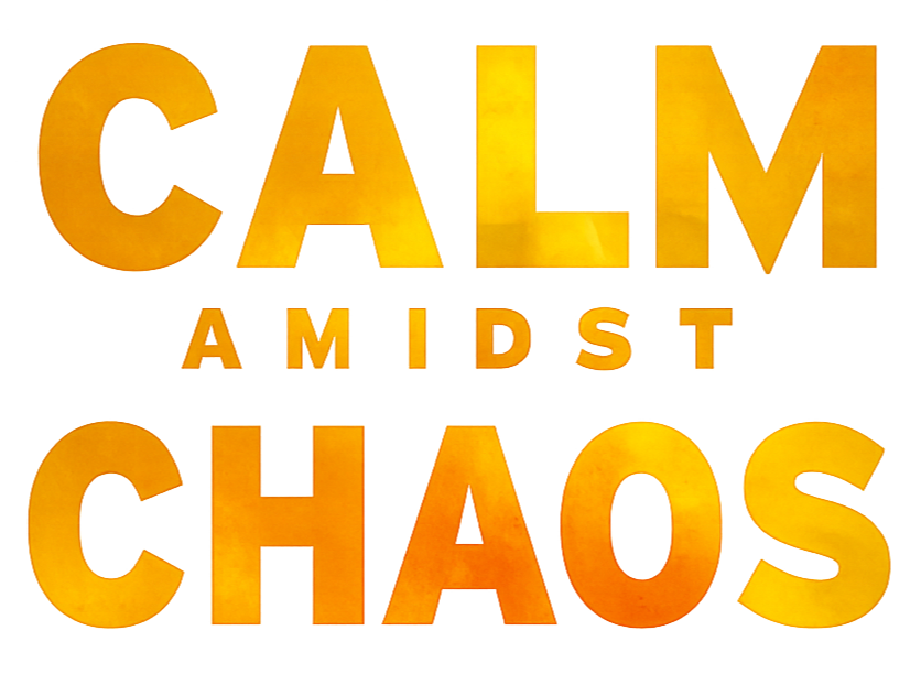 Text image with large yellow 3D letters spelling 'CALM CHAO$' and smaller yellow 3D letters spelling 'AM ID S T' in between.