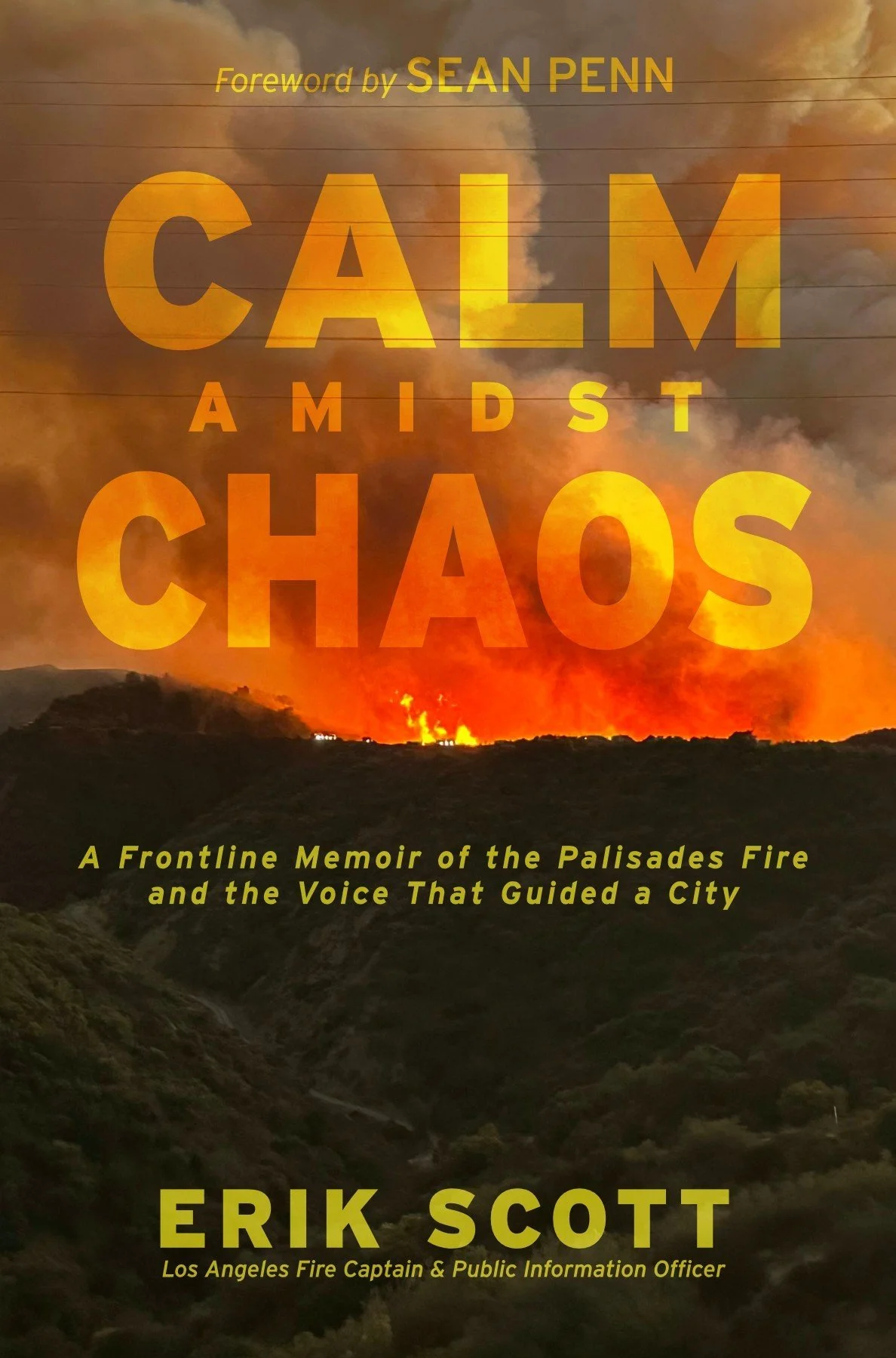Book cover titled 'Calm Amidst Chaos' with imagery of a wildfire in a hilly landscape at sunset or sunrise, orange flames and smoke in the background. Foreword by Sean Penn, author Erik Scott, and caption about the Palisades fire and firefighting efforts.