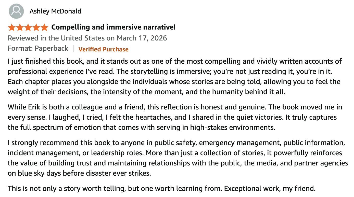 A screenshot of an Amazon product review for a book titled "Compelling and immersive narrative!" by Ashley McDonald, dated March 17, 2026, with a five-star rating.