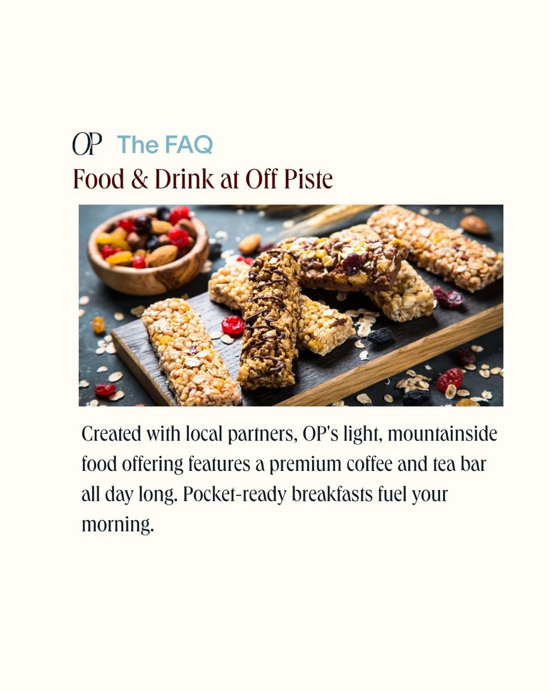 The Off Piste food program is built around the shape of a ski day, made with local partners. Menus will rotate through the week. Scroll through to learn more.  Founding memberships are open now. #offpistemountainclub
