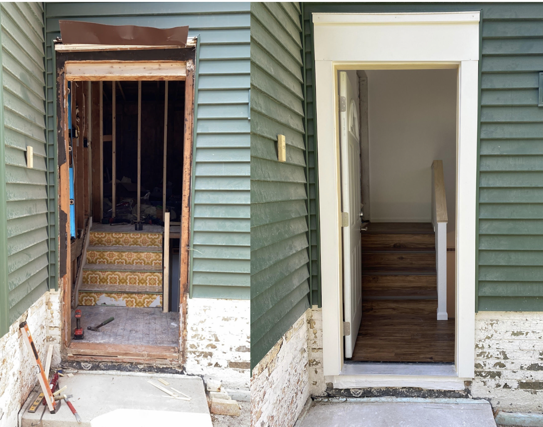 Comparison of a house entrance before and after renovation, showing an unfinished doorway on the left and an updated, finished doorway on the right with a white trim and new steps. New framing, stairs, door, vinyl siding. Beautiful renovation