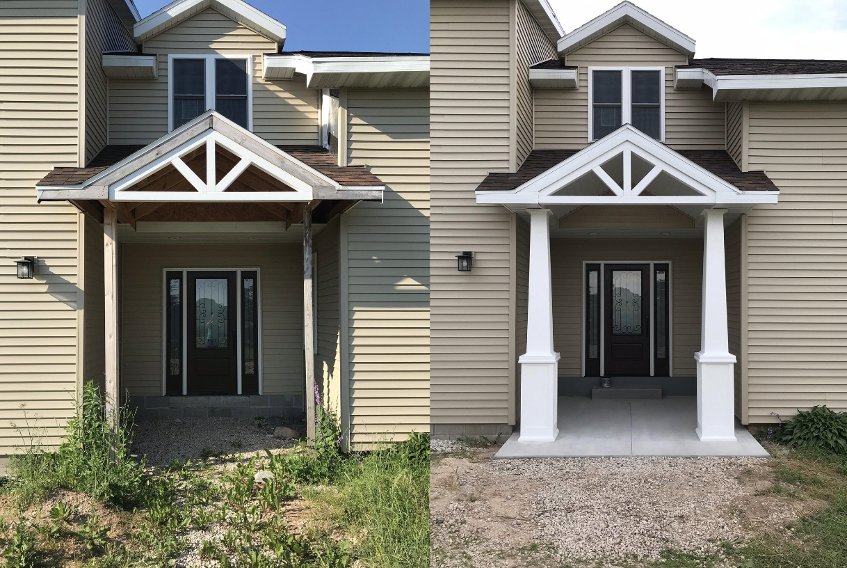 Comparison of a house before and after renovation; left side shows a porch with unfinished, right side shows a fully painted and finished porch with white columns and trim. updated front entry, concrete work, PVC post decorative 