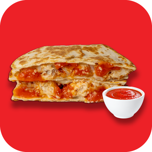 A stuffed quesadilla with melted cheese, beef, and colorful bell peppers on a red background.