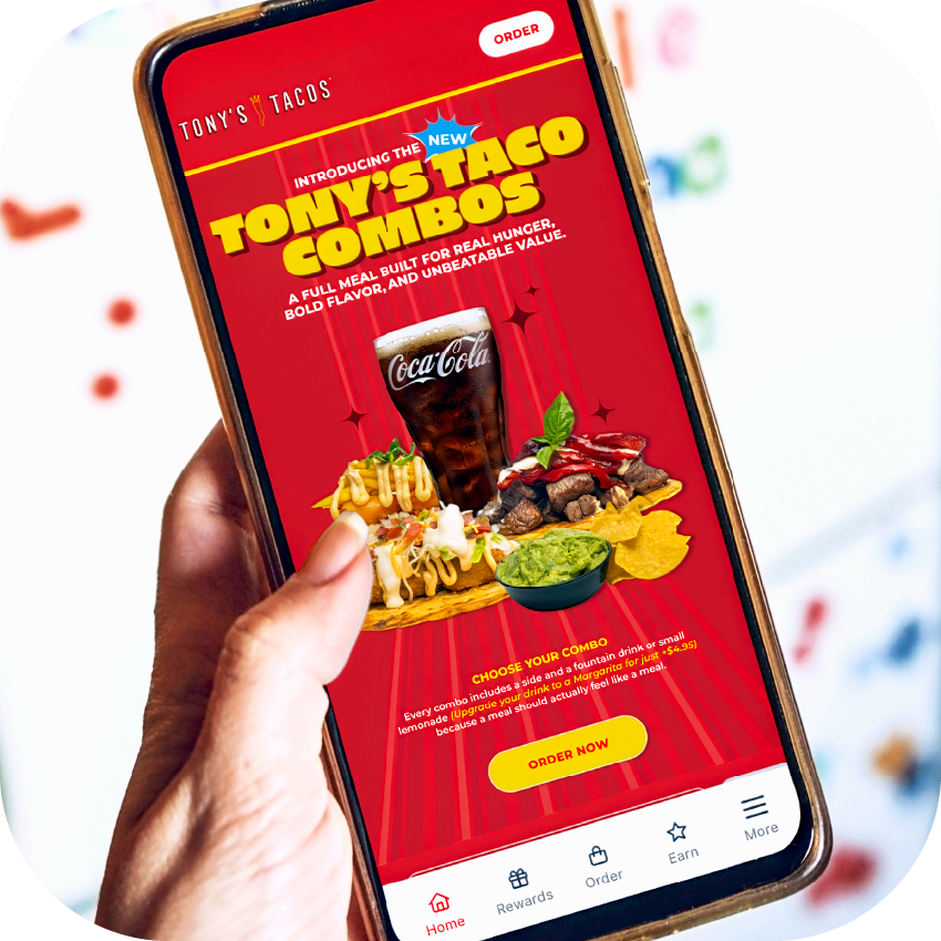 Mobile phone screen displaying an advertisement for Tony's Taco Combo Meal featuring a drink, taco, guacamole, and chips on a red background.